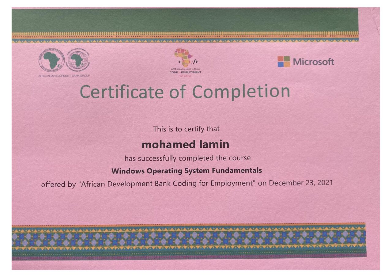Windows Operating System Fundamentals certificate