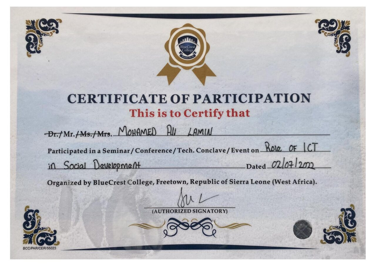 BlueCrest College certificate of participation