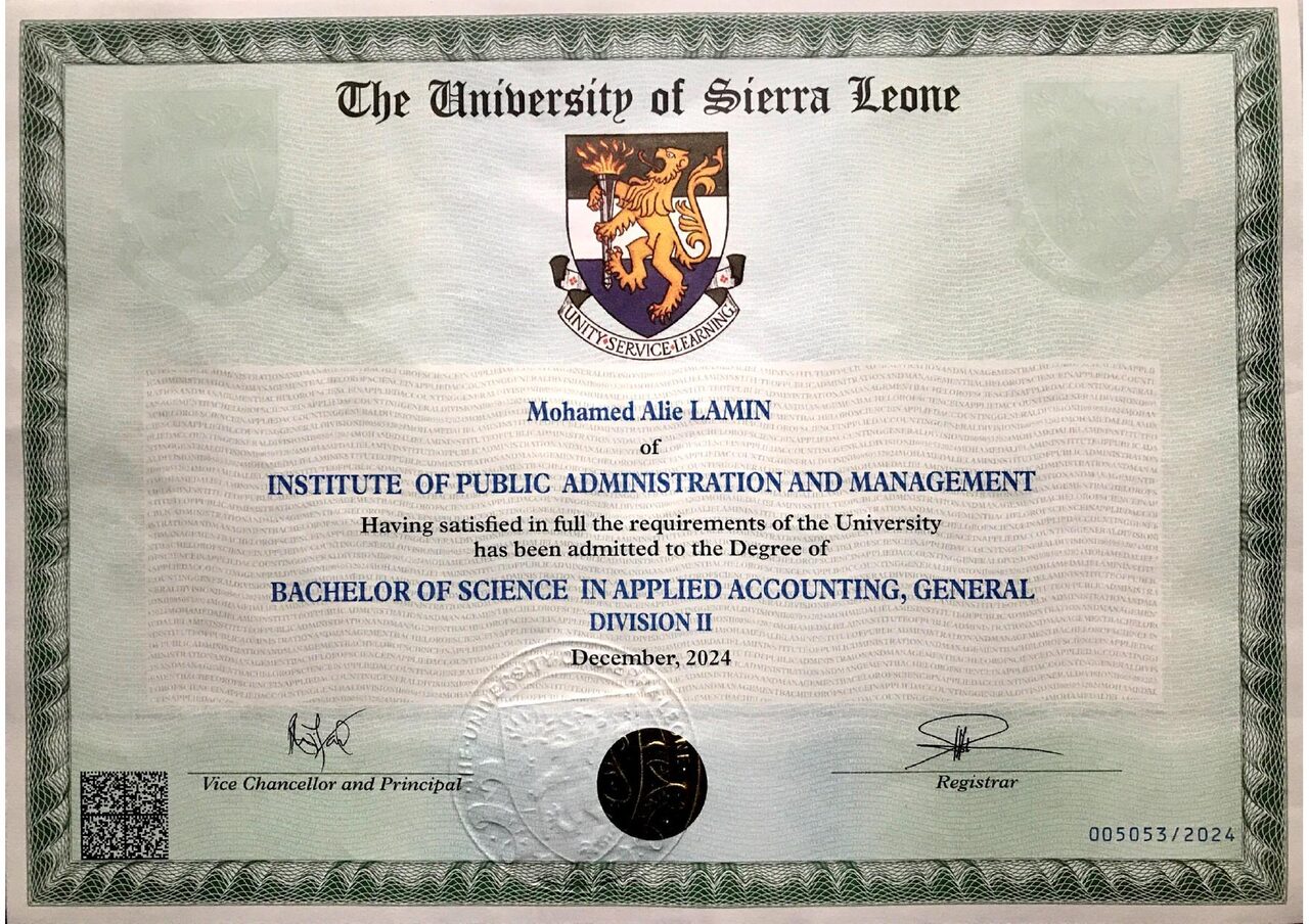 University of Sierra Leone degree certificate